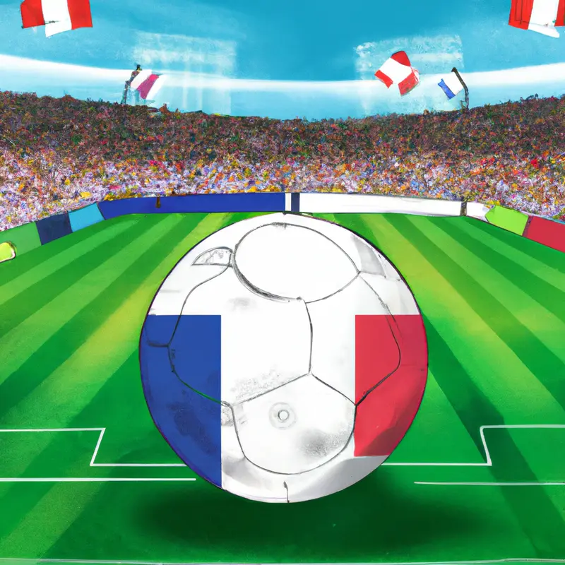 "A detailed illustration showing a soccer ball with flags of England and France on opposite sides, hovering above a soccer field. The background is filled with excited crowd in a stadium.", placid digital painting style — DALL·E2