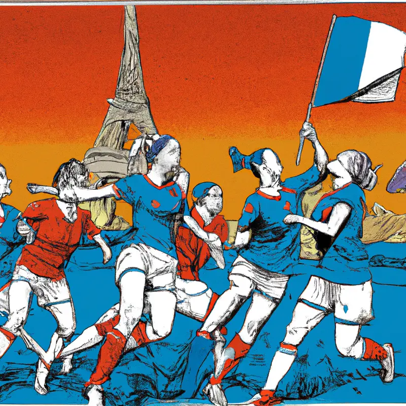 "A triumphant French women's soccer team celebrating on the field with the Eiffel Tower in the background, symbolizing their victory and journey towards Euro 2025 and the Paris Olympics.", saturated Ukiyo-e style — DALL·E2