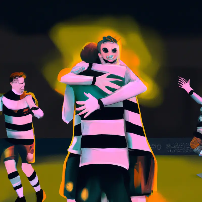 "An illustration of a joyful Joselu hugging his teammates under a spotlight, with a dimly lit football stadium in the background", energetic pastels style — DALL·E2