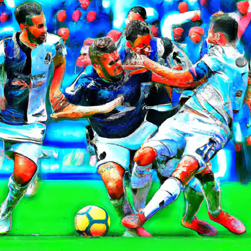 "A detailed illustration of Gianluca Scamacca in an Atalanta jersey preparing to shoot a soccer ball, with nervous Olympique de Marseille defenders attempting to block him, set against the backdrop of a packed stadium.", ecstatic oil painting style — DALL·E2
