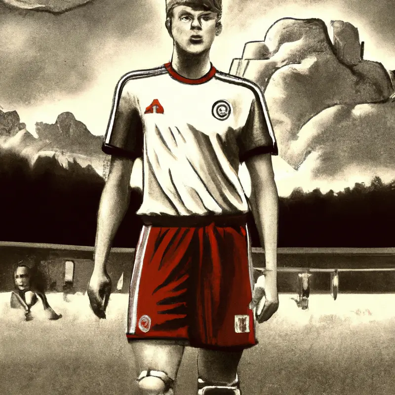 "An illustration of Joshua Kimmich in a Bayern Munich uniform standing firm on a soccer field, with storm clouds above and a soccer ball at his feet, facing towards ghostly figures of Real Madrid players on the horizon", expressive vintage illustration style — DALL·E2