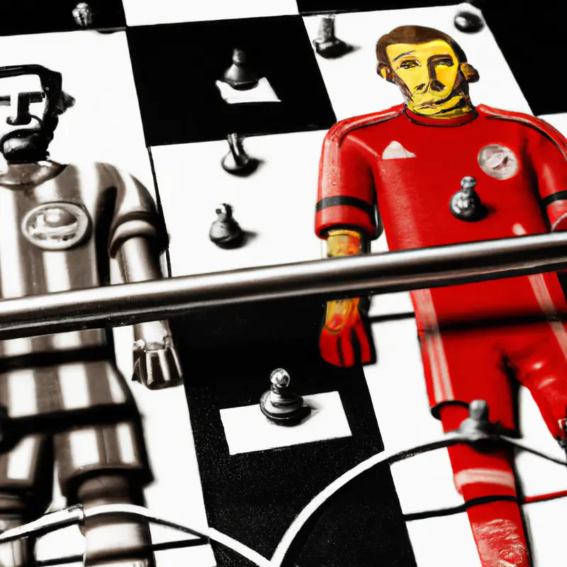 "A chess board with pieces shaped like soccer players, one side wearing the Bayern Munich jersey and the other side with Thomas Tuchel as the king figure.", rich sci-fi style — DALL·E2
