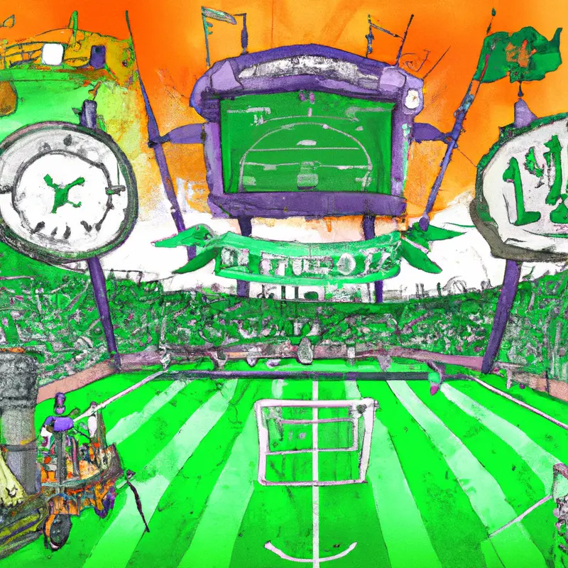 "A soccer field with two teams ready to start the match, a scoreboard showing 'Saint-Étienne vs Rodez', and the stands filled with enthusiastic fans holding green and white supports.", colourful steampunk style — DALL·E2