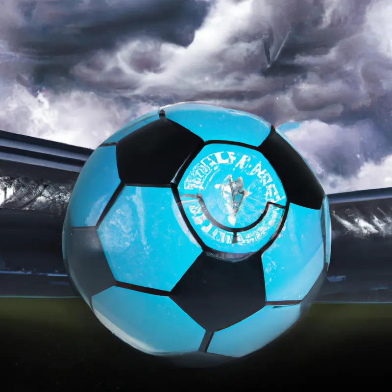 "A soccer ball on the field with the Manchester City emblem in the background, under a dark, cloud-filled sky.", exciting airbrush style — DALL·E2