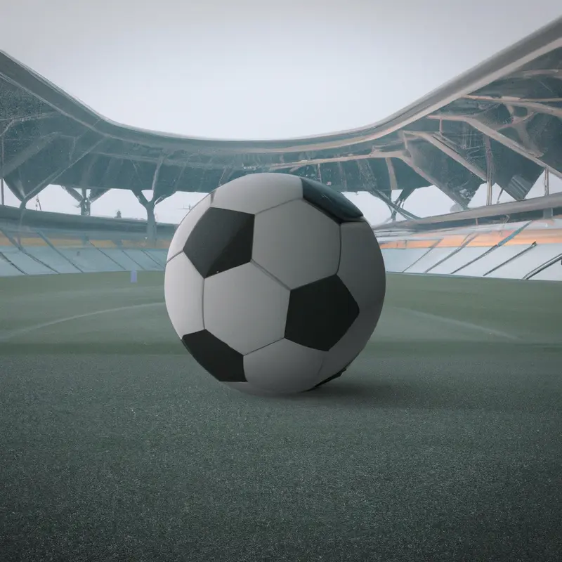 "A soccer ball lying on the field with an empty stadium in the background. Black ribbons are tied around the goalposts.", subtle sci-fi style — DALL·E2