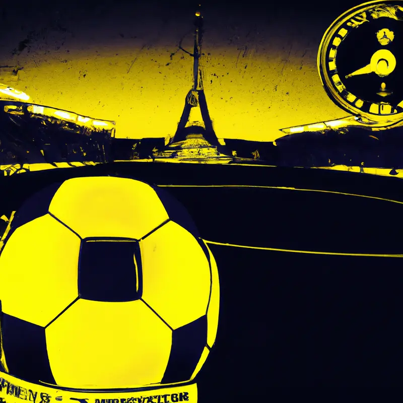 "A soccer ball on the pitch at night with the Eiffel Tower lit up in the background and a scoreboard showing Borussia Dortmund advancing to the finals.", dynamic vintage illustration style — DALL·E2