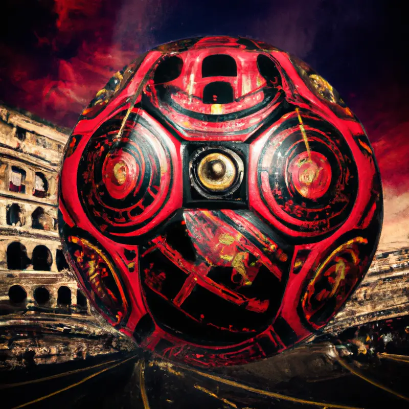 "A soccer ball featuring the AC Milan and Arsenal logos with the Colosseum and Big Ben in the background, symbolizing the connection between the two clubs and their cities.", psychedelic steampunk style — DALL·E2