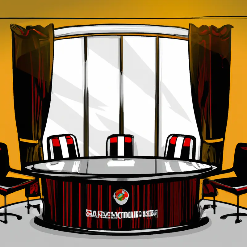 "A luxurious boardroom with a large, round table at the center, where RC Lens jerseys are neatly displayed on the chairs around the table. In the background, a large window reveals a sunny day outside, symbolizing a new dawn and new beginnings for the club.", bold vintage illustration style — DALL·E2