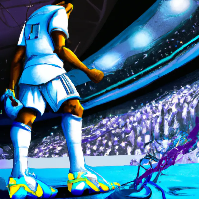"A vibrant image of a soccer player in Olympique de Marseille colors, tying his shoelaces on the sideline, ready to re-enter the game, with a stadium full of cheering fans in the background.", chaotic sci-fi style — DALL·E2