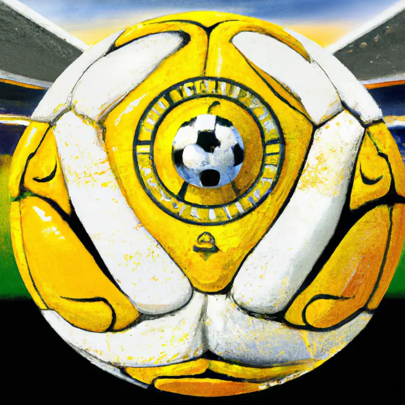 "Illustration of a soccer ball with the insignias of Borussia Dortmund and Real Madrid on either side, set against the backdrop of Wembley Stadium.", organic oil painting style — DALL·E2