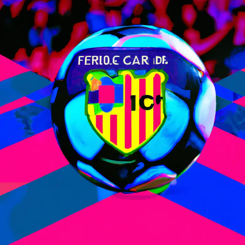 "An image of a soccer ball with the FC Barcelona and Girona FC crests on either side, highlighting the central figure of Eric Garcia as a bridge between the two clubs, set against a backdrop of a cheering crowd.", subtle vaporwave style — DALL·E2