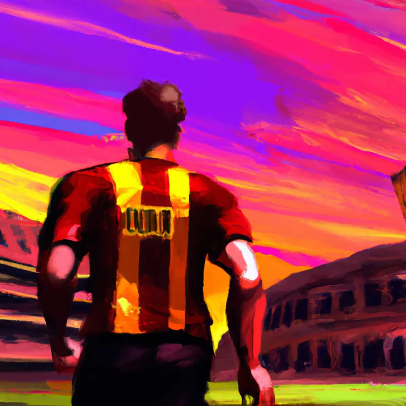 "A digital painting showing a historic Roman coliseum in the background with dramatic sunset. In the foreground, a soccer player in a red and yellow AS Roma jersey, facing away from the camera, looking towards the coliseum. The jersey is blurred so no specific details or names are visible.", exciting vaporwave style — DALL·E2