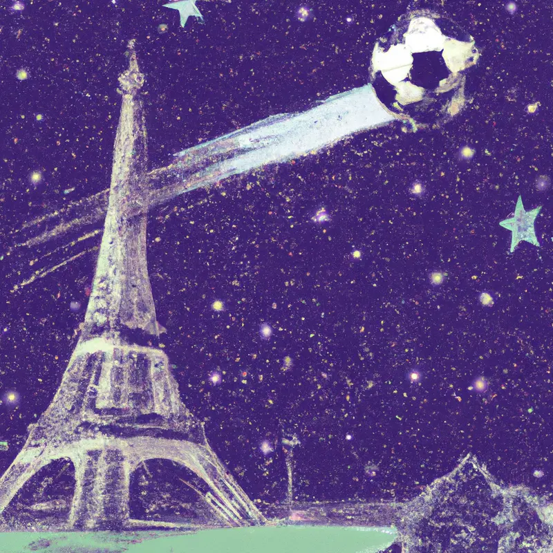 "An illustration of the Eiffel Tower with a soccer ball flying towards it, under a night sky filled with stars.", saturated vintage illustration style — DALL·E2