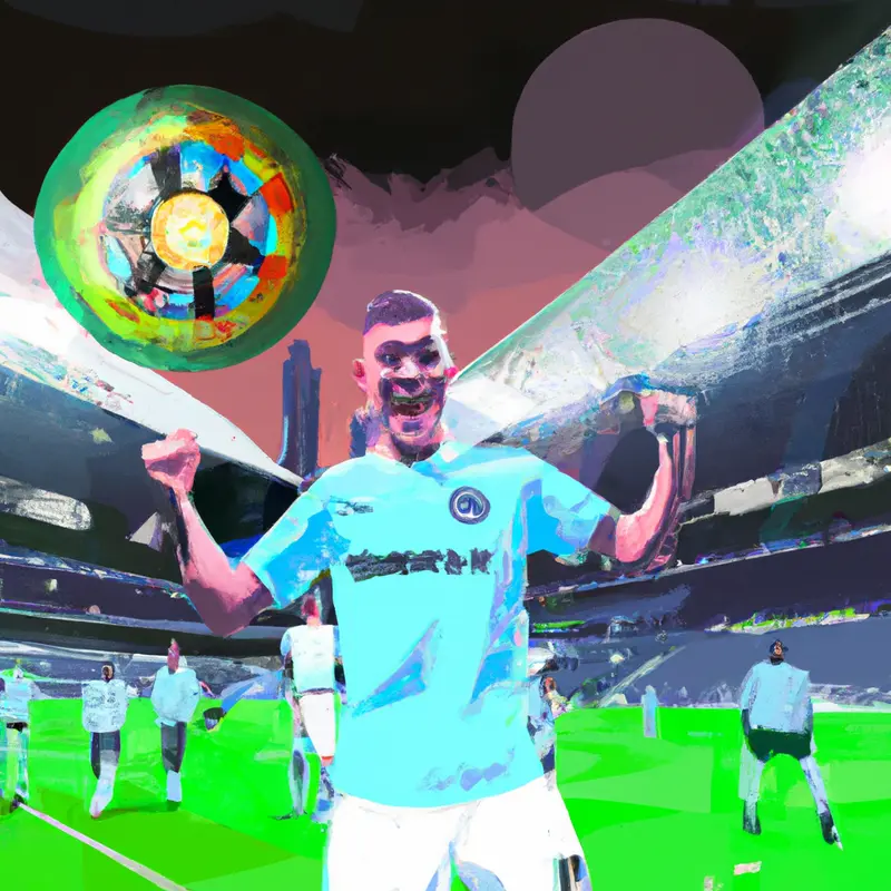 "An illustration of a festive Manchester City player holding a soccer ball triumphantly in front of Fulham's stadium with happy teammates in the background and the score 0-4 shining above the stadium.", psychedelic digital painting style — DALL·E2