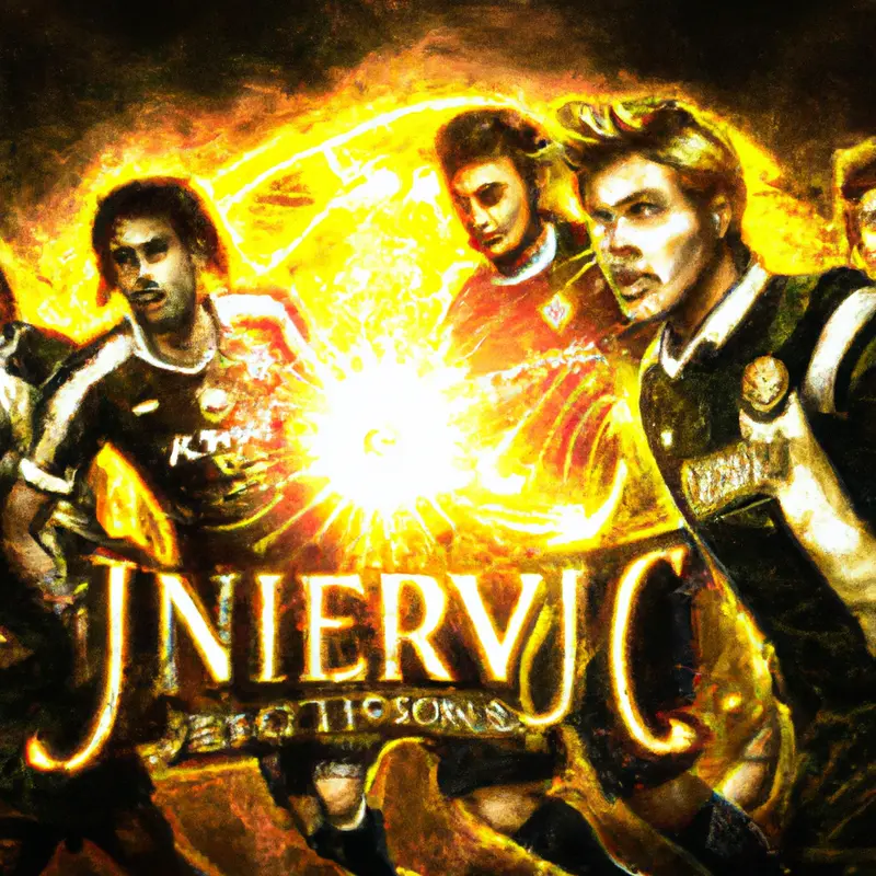 "A bright illustration featuring the Juventus emblem glowing amidst a group of young soccer players, showcasing potential and a new beginning.", dynamic steampunk style — DALL·E2