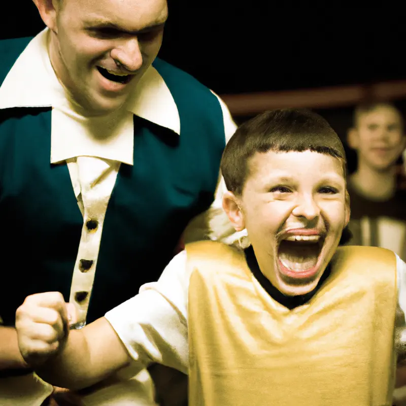 "A young soccer player celebrating a goal energetically in front of a crowd with a slightly older player watching him with an understanding smile.", ecstatic steampunk style — DALL·E2