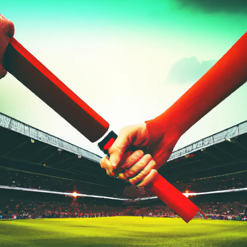 "A hand holding a red and white soccer baton passing it to another hand, symbolizing the managerial transition from Klopp to Slot at Liverpool, with Anfield Stadium faded in the background.", organic cyberpunk style — DALL·E2