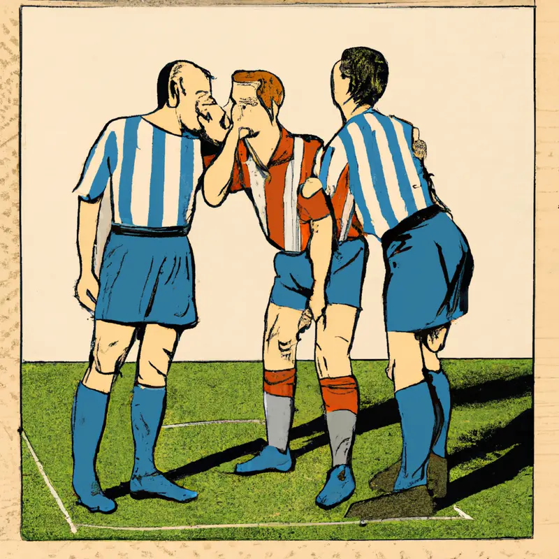 "An image of a soccer player whispering into another player's ear at the penalty spot, with an amused referee standing nearby.", organic vintage illustration style — DALL·E2