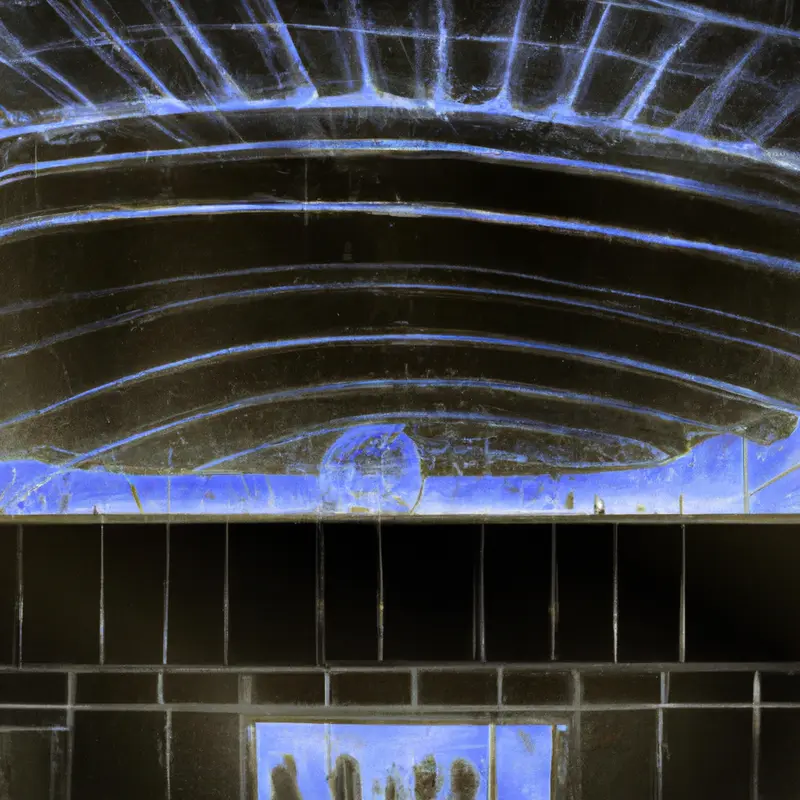"A detailed drawing of the exterior of the Allianz Arena illuminated at night, with the silhouettes of soccer players warming up on the field visible through the translucent panels.", brash airbrush style — DALL·E2