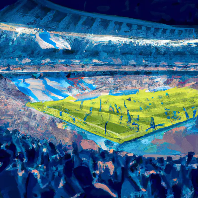 "A packed football stadium with fans holding banners and scarves in the colors of Olympique de Marseille, the field lit under night lights, with players in a huddle showing team spirit.", vibrant digital painting style — DALL·E2