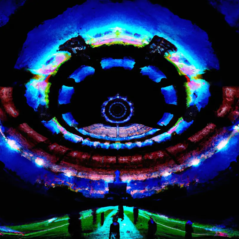 "An illustration of Wembley Stadium at night, with spotlights illuminating a soccer field while tiny figures of security personnel are seen running on the outskirts.", kaleidoscopic sci-fi style — DALL·E2