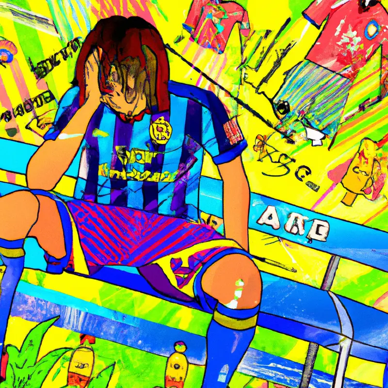 "A detailed drawing of a distressed young soccer player sitting on a bench while holding a Barcelona jersey, with various soccer club logos flying around him like butterflies.", colourful vaporwave style — DALL·E2