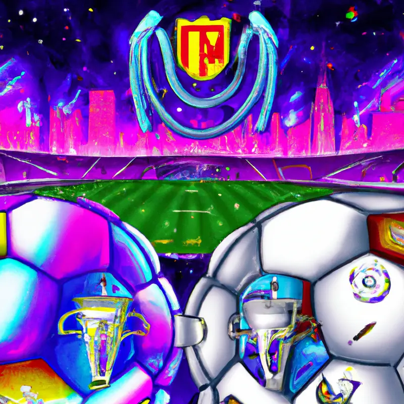 "A detailed and vibrant painting of the Real Madrid and Bayern Munich team badges facing each other with a Champions League trophy in the background, symbolizing their semi-final clash. Tiny soccer balls and the outline of a packed stadium under the night sky add to the excitement and anticipation.", ecstatic vaporwave style — DALL·E2