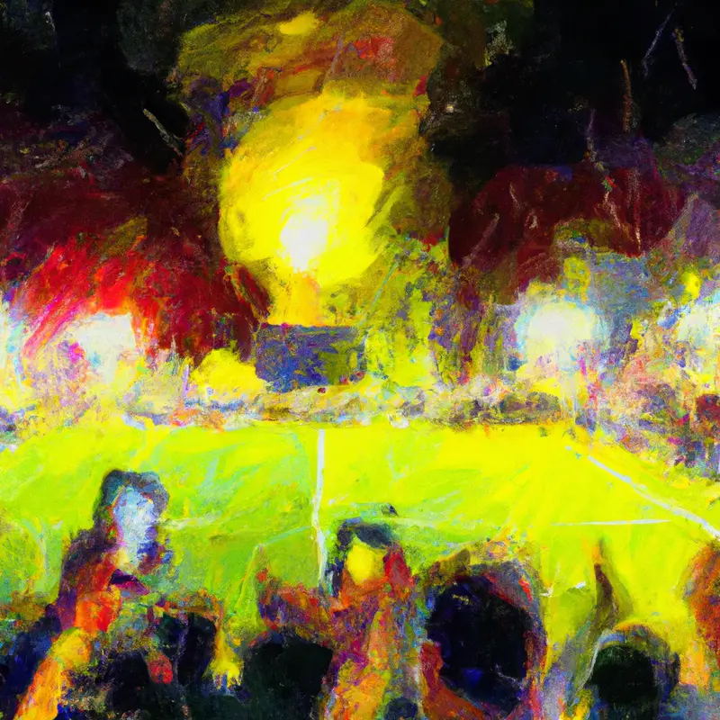 "A soccer field at night, filled with fans holding flares and celebrating, while a confused announcer looks at his phone.", organic oil painting style — DALL·E2