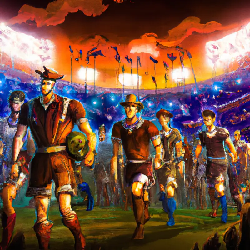 "Two soccer teams walking onto the pitch in a packed stadium, with the crowd roaring with excitement under the floodlights.", vibrant steampunk style — DALL·E2