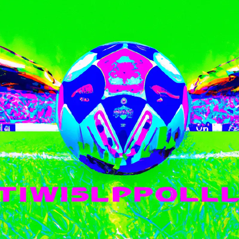 "A soccer ball with Ipswich Town's logo on it, placed on a lush green soccer field, with a Premier League logo in the background and a festive crowd cheering from the stands.", kaleidoscopic vaporwave style — DALL·E2