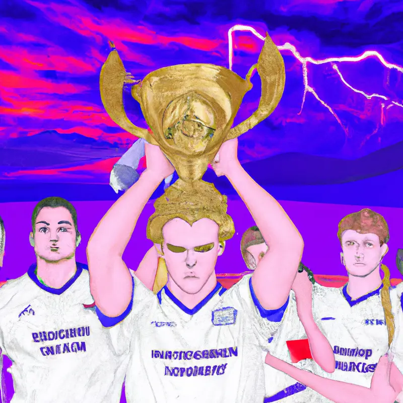 "A drawing of a celebratory Real Madrid team holding a trophy, with a sad Cadix player in the background, under a stormy sky, Hinting at the contrast between victory and potential relegation.", rich vaporwave style — DALL·E2