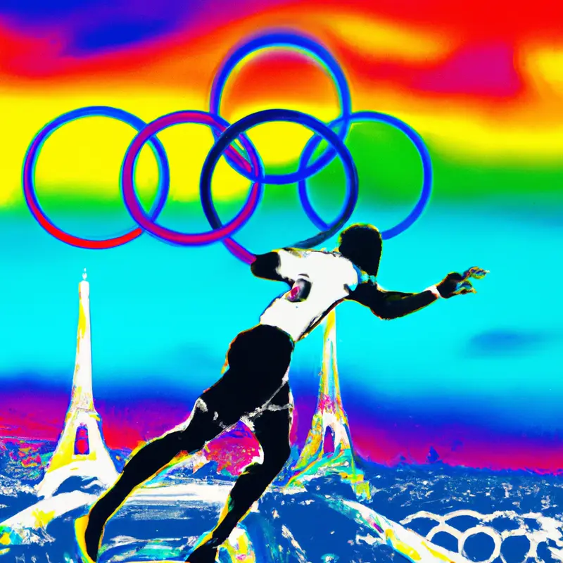 "An image of the Olympic rings above the city of Paris, with the Eiffel Tower in the background and a silhouette of a soccer player looking towards it, symbolizing Kylian Mbappé's hopes for the 2024 Olympics.", psychedelic pastels style — DALL·E2
