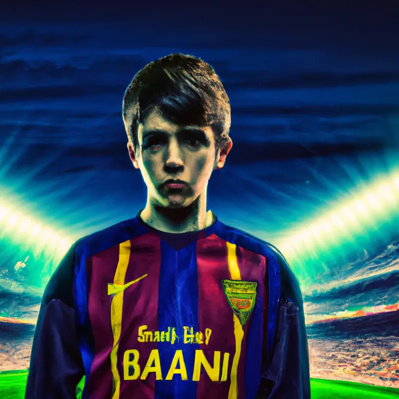 "A young soccer player wearing the FC Barcelona jersey, standing in the iconic Camp Nou stadium, looking determined and proud.", vivid sci-fi style — DALL·E2