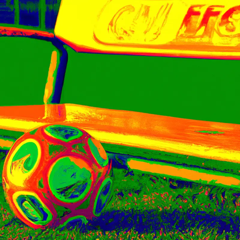 "A football marked with the Racing Club de Lens emblem on a green pitch, with an empty coach's bench in the background under a setting sun.", psychedelic pastels style — DALL·E2