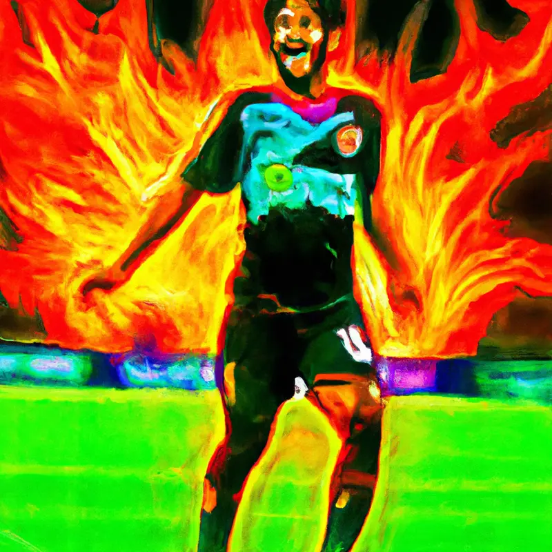 "An illustration of Elye Wahi in a soccer jersey, celebrating a goal with a phoenix rising in the background.", psychedelic oil painting style — DALL·E2