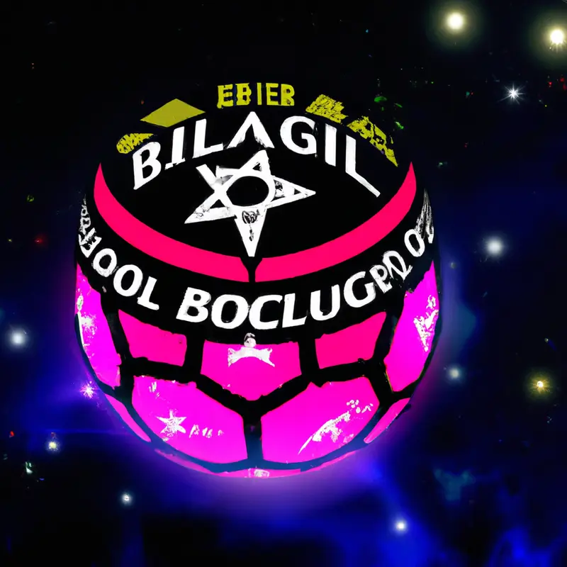 "A soccer ball with the Bologne FC 1909 logo on it, shining brightly among traditional top club logos in a night sky filled with stars.", ecstatic cyberpunk style — DALL·E2