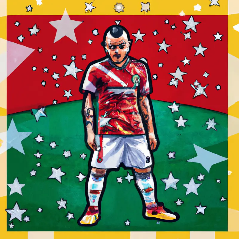 "An illustration of Radja Nainggolan wearing the Bhayangkara Presisi Indonesia FC uniform, standing in a soccer field with an Indonesian flag in the background", kaleidoscopic pastels style — DALL·E2