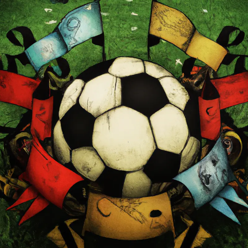 "An illustration of a football laying on the grass with various team flags in the background, symbolizing the diversity of matches and outcomes.", dynamic steampunk style — DALL·E2