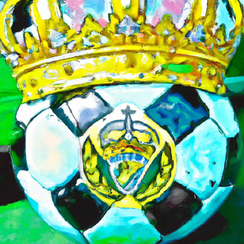 "A crown placed on a soccer ball, with the Manchester City emblem on one side and the Jamaican flag on the other.", chaotic oil painting style — DALL·E2