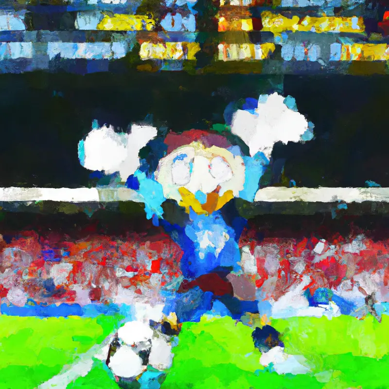 "An image of a giant scoreboard displaying 'PSG vs Adversity' with a cartoon-like, worried but hopeful PSG mascot standing beneath, juggling a soccer ball.", kaleidoscopic oil painting style — DALL·E2