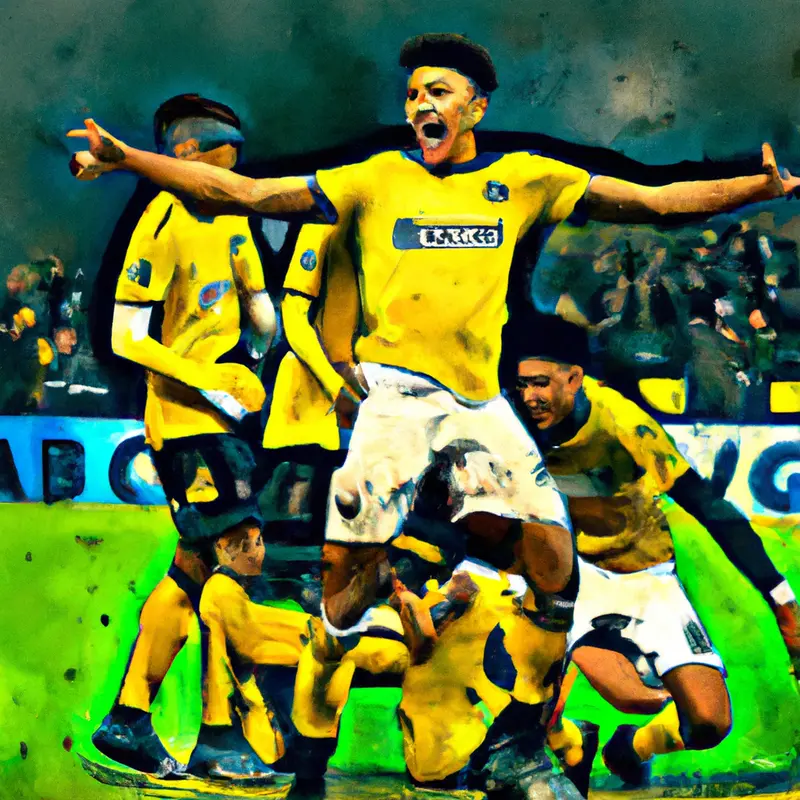 "A painting of Jadon Sancho in Borussia Dortmund's soccer kit, celebrating a goal with teammates, with the Wembley stadium visible in the background", expressive digital painting style — DALL·E2