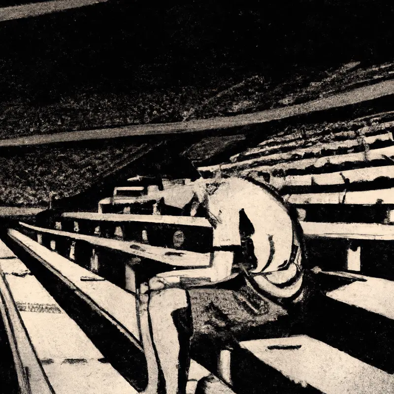 "A person sitting alone in a large soccer stadium, looking downcast, with a soccer ball at their feet.", placid vintage illustration style — DALL·E2
