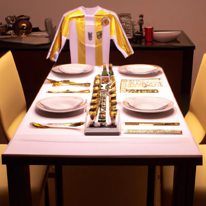 "An elegant dining table set up for a formal dinner, with two gold-plated soccer jerseys, one of Real Madrid and the other of Bayern Munich, serving as place settings.", subtle sci-fi style — DALL·E2