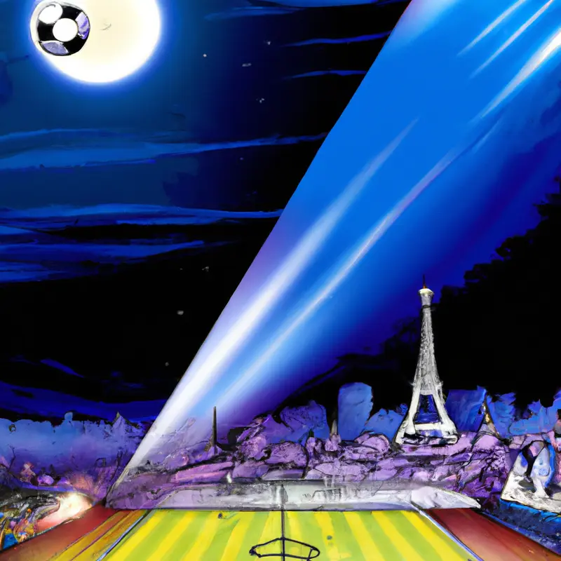 "A vibrant illustration featuring a half-split soccer field, with the Eiffel Tower on one side under a shining spotlight, and the iconic Marseille port on the other under a beaming moonlight, symbolizing Paris Saint-Germain and Olympique de Marseille's journey in European competitions.", exciting airbrush style — DALL·E2