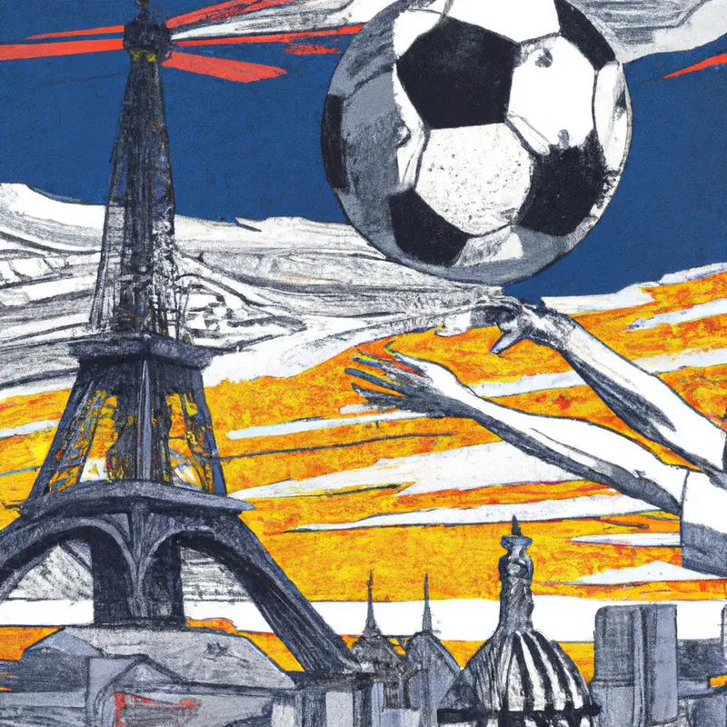 "A detailed illustration of the Eiffel Tower and the Madrid skyline with a soccer ball flying between them, symbolizing Kylian Mbappé's transition from Paris to Real Madrid.", saturated Ukiyo-e style — DALL·E2