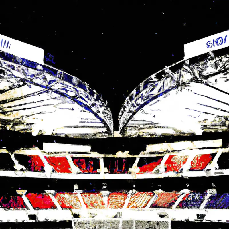 "An illustration of a large soccer stadium at night, brightly lit, with two soccer jerseys hanging side by side, one representing Bayern Munich and the other Real Madrid.", vibrant vintage illustration style — DALL·E2