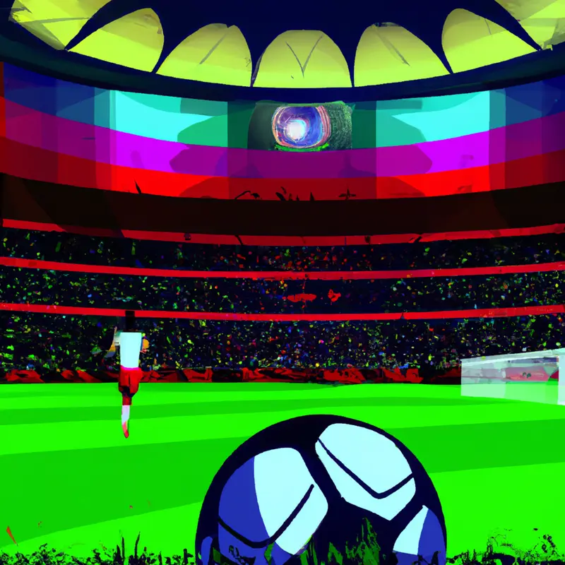 "A detailed illustration of a soccer ball on the grass with the San Siro stadium filled with fans in the background, a score display showing 3-3, and a vague silhouette of Olivier Giroud celebrating a goal.", colourful sci-fi style — DALL·E2
