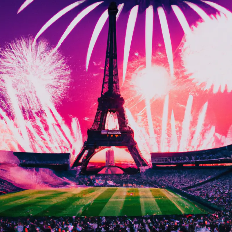 "A vibrant stadium filled with fans holding scarves and banners with the Eiffel Tower illuminated in the background, as fireworks explode in the night sky to celebrate a soccer match.", rich vaporwave style — DALL·E2