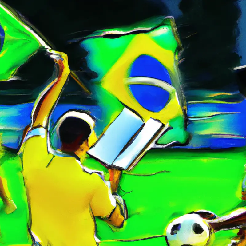 "A bright and colorful illustration of the Brazilian flag waving in the wind, with soccer balls flying around it and a silhouette of a coach strategizing with a clipboard in hand.", brash oil painting style — DALL·E2