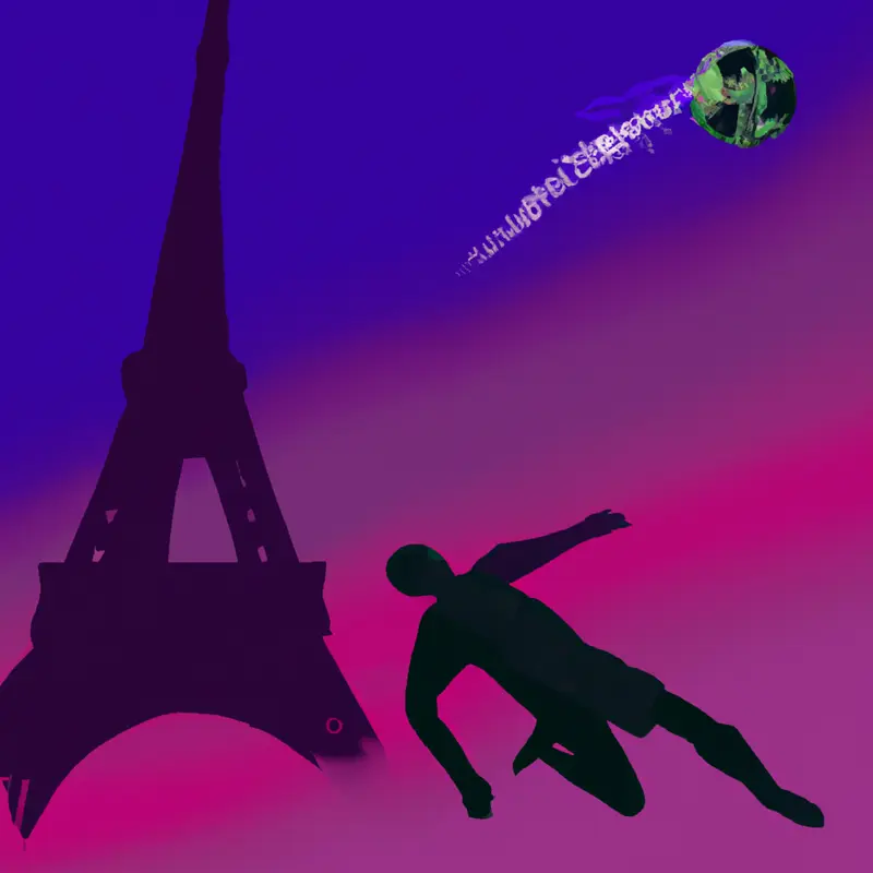 "A soccer goalie diving towards a soccer ball with a concerned expression, set against the backdrop of the Eiffel Tower lightly silhouetted in the evening sky.", rich vaporwave style — DALL·E2
